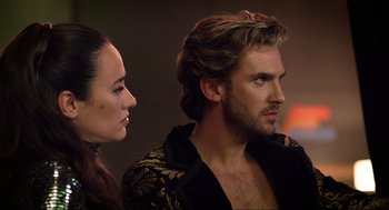 Movie still from “Eurovision Song Contest: The Story of Fire Saga” (2020), directed by David Dobkin – A man and a woman looking at each other; Close Up shot, Over the shoulder angle