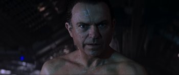 Movie still from “Event Horizon” (1997), directed by Paul W.S. Anderson – A person with blue eyes; Close Up shot, Low angle