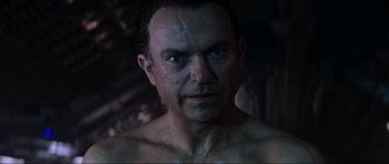 Movie still from “Event Horizon” (1997), directed by Paul W.S. Anderson – A person wearing a shirt; Close Up shot, Low angle
