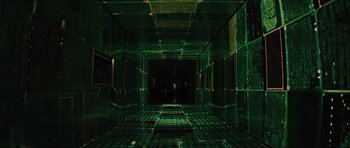 Movie still from “Event Horizon” (1997), directed by Paul W.S. Anderson – An empty room with a green floor and a green wall; Extreme Wide shot, High angle
