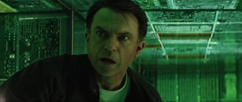 Movie still from “Event Horizon” (1997), directed by Paul W.S. Anderson – A person with his mouth wide open; Close Up shot, Low angle