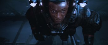 Movie still from “Event Horizon” (1997), directed by Paul W.S. Anderson – A man's face as he rides a motorcycle; Close Up shot, Overhead angle