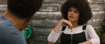 Movie still from “F9: The Fast Saga” (2021), directed by Justin Lin – A woman sitting in front of another woman; Close Up shot, Over the shoulder angle