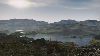 Movie still from “Fantastic Fungi” (2019), directed by Louie Schwartzberg – A view of a lake and mountains in the distance; Extreme Wide shot, High angle