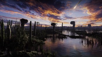 Movie still from “Fantastic Fungi” (2019), directed by Louie Schwartzberg – An image of an alien landscape in the middle of the night; Extreme Wide shot, High angle