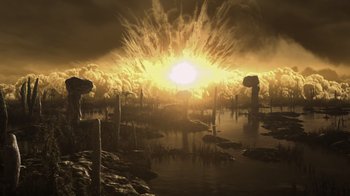 Movie still from “Fantastic Fungi” (2019), directed by Louie Schwartzberg – An image of an explosion in the middle of the night; Extreme Wide shot, High angle