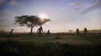 Movie still from “Fantastic Fungi” (2019), directed by Louie Schwartzberg – A group of people standing in the grass near a tree; Extreme Wide shot, Low angle