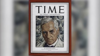 Movie still from “Fantastic Fungi” (2019), directed by Louie Schwartzberg – An old time magazine cover of a man with a white beard; Close Up shot, Low angle