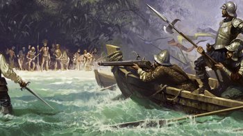 Movie still from “Fantastic Fungi” (2019), directed by Louie Schwartzberg – A painting of a man in a boat in the water; Extreme Wide shot, High angle