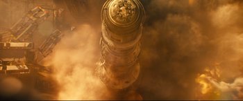 Movie still from “Ad Astra” (2019), directed by James Gray – An aerial view of an engine of an airplane; Extreme Wide shot, Overhead angle