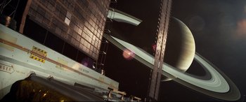 Movie still from “Ad Astra” (2019), directed by James Gray – A view of a building from the ground up; Extreme Wide shot, Overhead angle