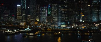 Movie still from “Fast & Furious 6” (2013), directed by Justin Lin – A view of a city at night from a boat; Extreme Wide shot, High angle