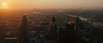 Movie still from “Fast & Furious 6” (2013), directed by Justin Lin – An aerial view of the city of london at sunset; Extreme Wide shot, High angle