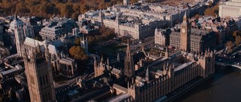Movie still from “Fast & Furious 6” (2013), directed by Justin Lin – An aerial view of a large city with many buildings; Extreme Wide shot, High angle
