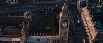 Movie still from “Fast & Furious 6” (2013), directed by Justin Lin – An aerial view of big ben in the evening light; Extreme Wide shot, High angle