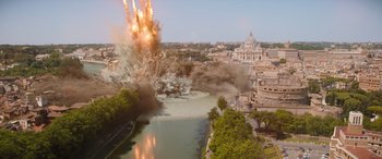 Movie still from “Fast X” (2023), directed by Justin Lin – An aerial view of a river with a bunch of smoke coming out of it; Extreme Wide shot, High angle