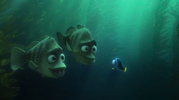 Movie still from “Finding Dory” (2016), directed by Angus MacLane – Two fish are swimming in the water with a fish in the background; Medium shot, High angle