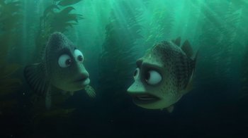 Movie still from “Finding Dory” (2016), directed by Angus MacLane – Two fish are swimming in the water; Medium shot, Over the shoulder angle