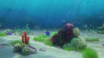 Movie still from “Finding Dory” (2016), directed by Angus MacLane – An underwater scene with a blue fish swimming in the water; Extreme Wide shot, High angle