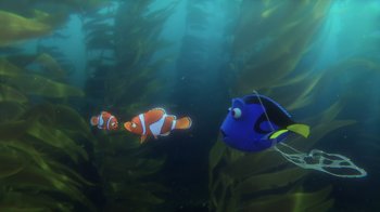Movie still from “Finding Dory” (2016), directed by Angus MacLane – A group of fish swimming in the water; Wide shot, Over the shoulder angle