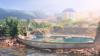 Movie still from “Finding Dory” (2016), directed by Angus MacLane – An image of an aquarium with people swimming in the water; Extreme Wide shot, High angle