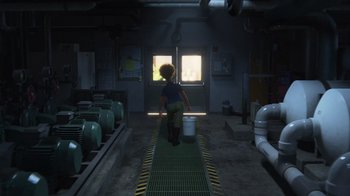 Movie still from “Finding Dory” (2016), directed by Angus MacLane – A woman walking down a hallway holding a bucket of water; Wide shot, High angle
