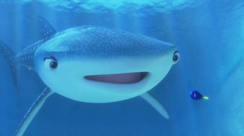 Movie still from “Finding Dory” (2016), directed by Angus MacLane – View of a whale shark with its mouth wide open; Medium shot, Low angle