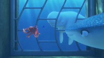 Movie still from “Finding Dory” (2016), directed by Angus MacLane – An octopus and a whale in an aquarium; Wide shot, Over the shoulder angle
