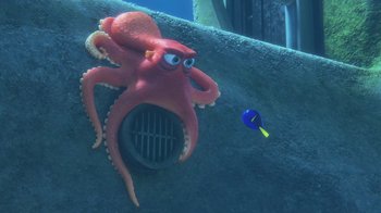 Movie still from “Finding Dory” (2016), directed by Angus MacLane – An octopus and a blue fish in the water; Wide shot, Low angle