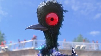 Movie still from “Finding Dory” (2016), directed by Angus MacLane – The head of a bird with red eyes; Extreme Close Up shot, High angle