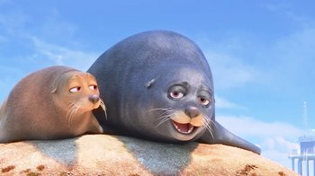 Movie still from “Finding Dory” (2016), directed by Angus MacLane – An animal and a cat are sitting next to each other on a rock; Close Up shot, High angle