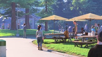 Movie still from “Finding Dory” (2016), directed by Angus MacLane – A group of people sitting at a picnic table in a park; Extreme Wide shot, High angle