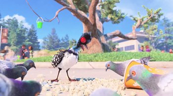 Movie still from “Finding Dory” (2016), directed by Angus MacLane – A black and white bird with a red beak and a black and white bird next to it; Wide shot, High angle