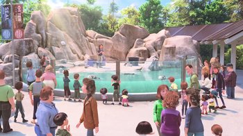 Movie still from “Finding Dory” (2016), directed by Angus MacLane – A group of people standing in front of an aquarium; Wide shot, High angle