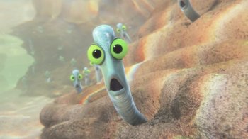 Movie still from “Finding Dory” (2016), directed by Angus MacLane – An image of an animated creature with eyes wide open; Extreme Close Up shot, High angle