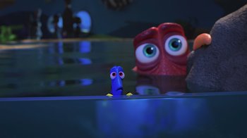 Movie still from “Finding Dory” (2016), directed by Angus MacLane – A blue fish and a red fish in a body of water; Close Up shot, Over the shoulder angle