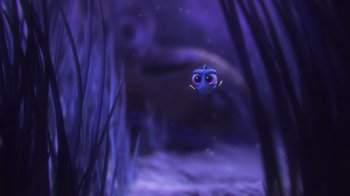 Movie still from “Finding Dory” (2016), directed by Angus MacLane – A blue fish swimming in the water at night time; Wide shot, High angle