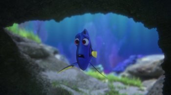 Movie still from “Finding Dory” (2016), directed by Angus MacLane – A blue fish with a sad face in front of some water; Medium shot, Over the shoulder angle