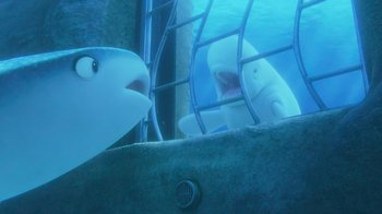 Movie still from “Finding Dory” (2016), directed by Angus MacLane – Two sharks are swimming in the water; Medium shot, Over the shoulder angle
