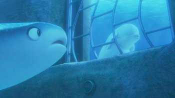 Movie still from “Finding Dory” (2016), directed by Angus MacLane – Two sharks swimming in an aquarium in the water; Medium shot, Over the shoulder angle