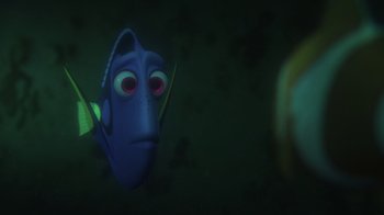 Movie still from “Finding Dory” (2016), directed by Angus MacLane – A fish in a dark room; Medium shot, Over the shoulder angle