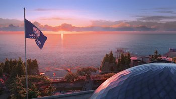 Movie still from “Finding Dory” (2016), directed by Angus MacLane – A view of the ocean from above at sunset; Extreme Wide shot, High angle