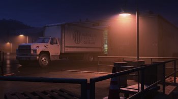 Movie still from “Finding Dory” (2016), directed by Angus MacLane – A truck parked on the side of the road at night; Extreme Wide shot, High angle