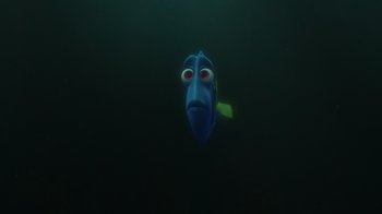 Movie still from “Finding Dory” (2016), directed by Angus MacLane – A blue fish is swimming in the dark water; Wide shot, Over the shoulder angle