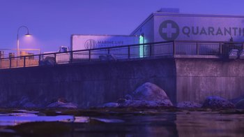 Movie still from “Finding Dory” (2016), directed by Angus MacLane – A bridge with a building on top of it at night time; Extreme Wide shot, Low angle