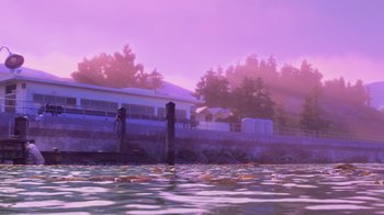 Movie still from “Finding Dory” (2016), directed by Angus MacLane – A boat is in the water near a dock; Extreme Wide shot, Low angle