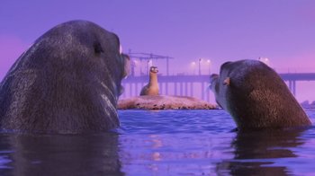 Movie still from “Finding Dory” (2016), directed by Angus MacLane – A group of animals in the water near a pier; Wide shot, Over the shoulder angle