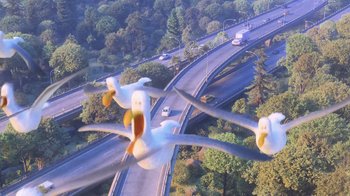 Movie still from “Finding Dory” (2016), directed by Angus MacLane – A group of airplanes flying over a highway; Extreme Wide shot, Low angle