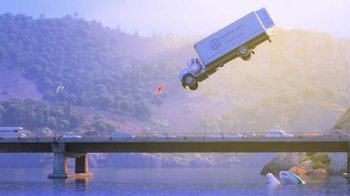 Movie still from “Finding Dory” (2016), directed by Angus MacLane – An image of a truck that is flying over a bridge; Extreme Wide shot, Low angle