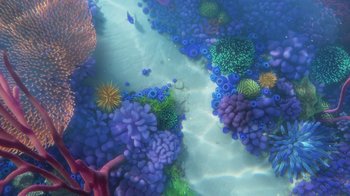 Movie still from “Finding Dory” (2016), directed by Angus MacLane – A colorful coral reef with many different types of sea creatures; Extreme Wide shot, Overhead angle